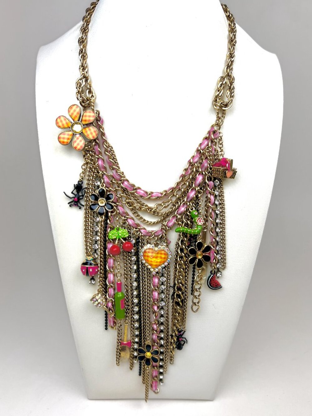 Betsey Johnson Picnic Collection Gold Chain Charm Necklace, NWOT w/ box, RARE